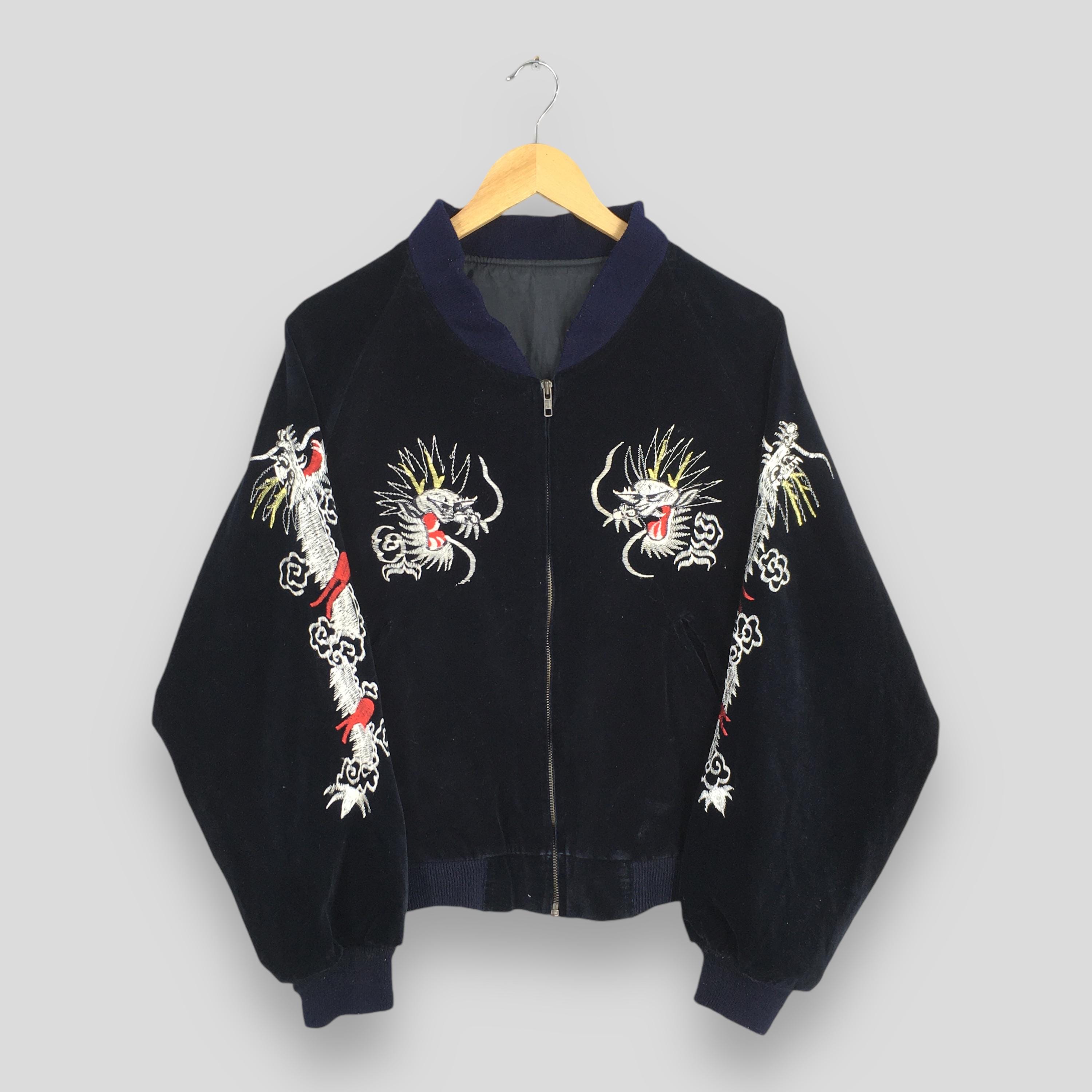 Vintage Sukajan Dragon Velvet Black Bomber Jacket Large 1980