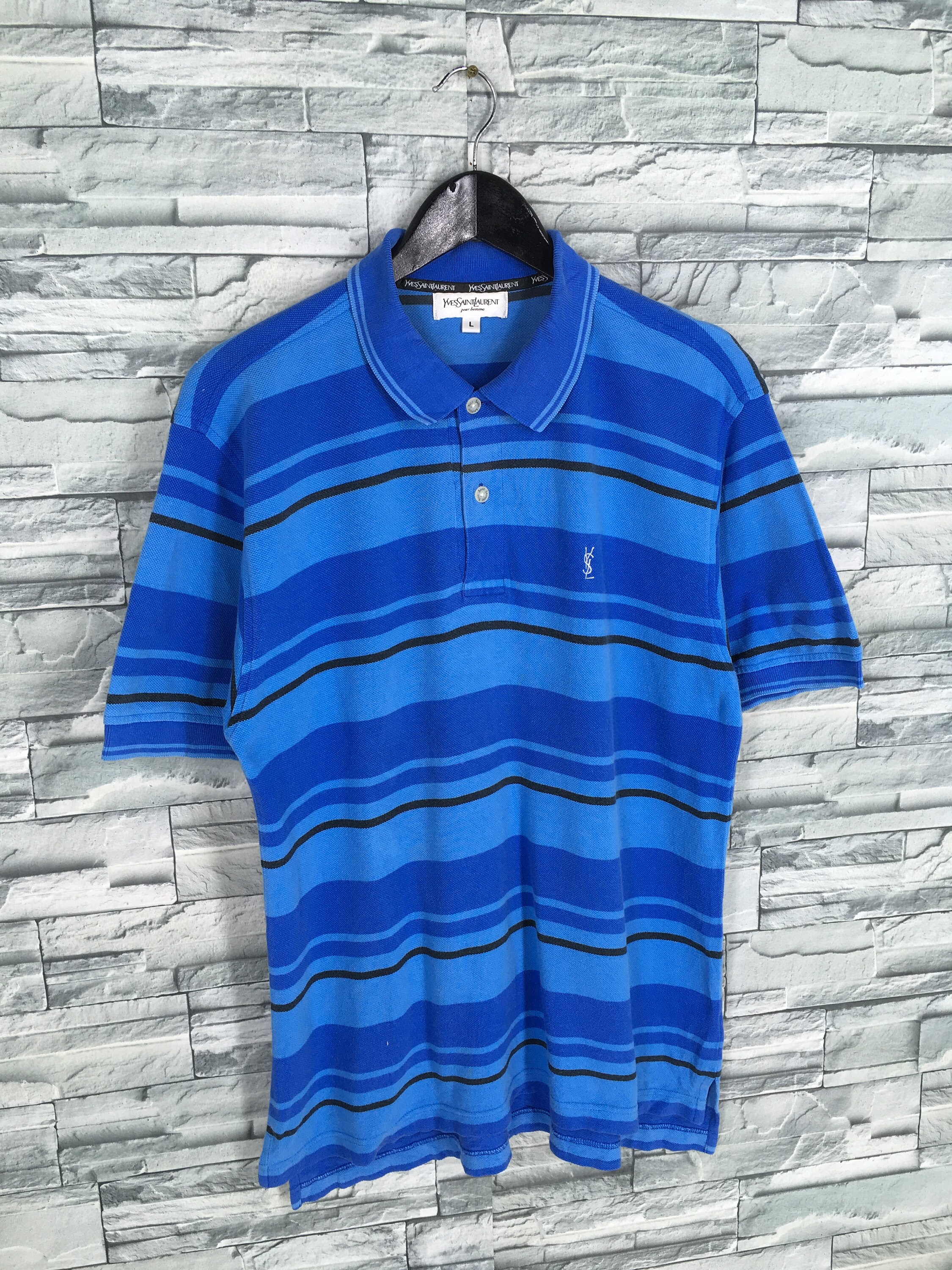 Vintage Yves Saint Laurent Polo Shirt Striped Blue Size Large - Etsy