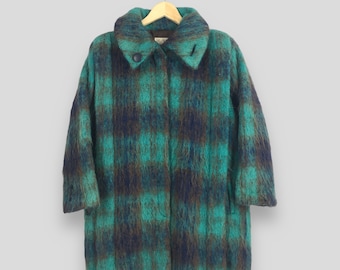 Vintage Belage Japan Checkered Tartan Mohair Button Jacket Large Belage Hairy Green Checked Warm Up Wool Mohair Jacket Winter Size L
