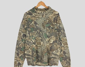 Vintage 90s Red Head Mossy Oak Tree Camo Turtleneck Shirt Large Camouflage Brown Real Tree Pattern Hunting Overprinted Jungle Outdoor Tees L