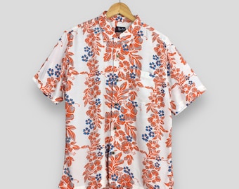 Koszula vintage z lat 80. z nadrukiem w kwiaty Hawaii Aloha, duża, hawajska, tropikalna, hibiskusowa, surfingowa, zapinana na guziki, koszula z wiskozy Honolulu Tiki, rozmiar L