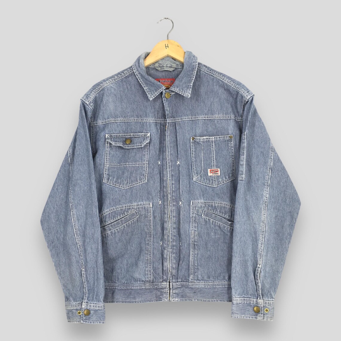 Vintage 90s Dogman Denim Hickory Stripes Jacket Large 91-B Jelt Denim Chore Workwear Blue White Stripes Coat Buttons Mens Outerwear Size L, foto 1 di 5