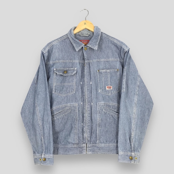 Vintage 90s Dogman Denim Hickory Stripes Jacket Large 91-B Jelt Denim Chore Workwear Blue White Stripes Coat Buttons Mens Outerwear Size L