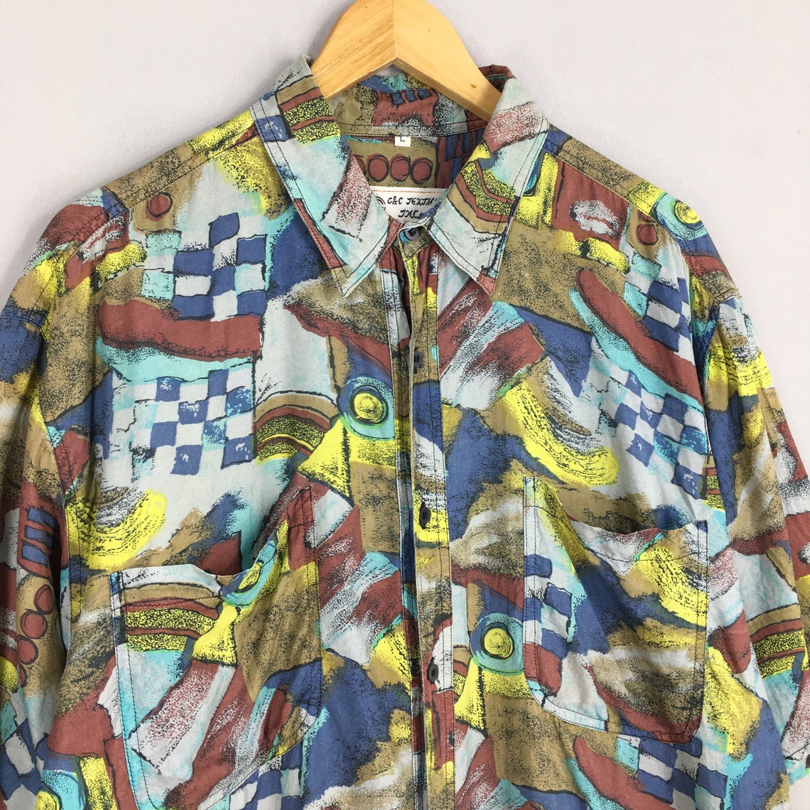 Vintage Psychedelic Abstract Aloha Silk Shirt Large Abstract Pattern Pop Art Beach Hawaii Surf Shirt Menswear Summer Button Up Size L, foto 3 di 5