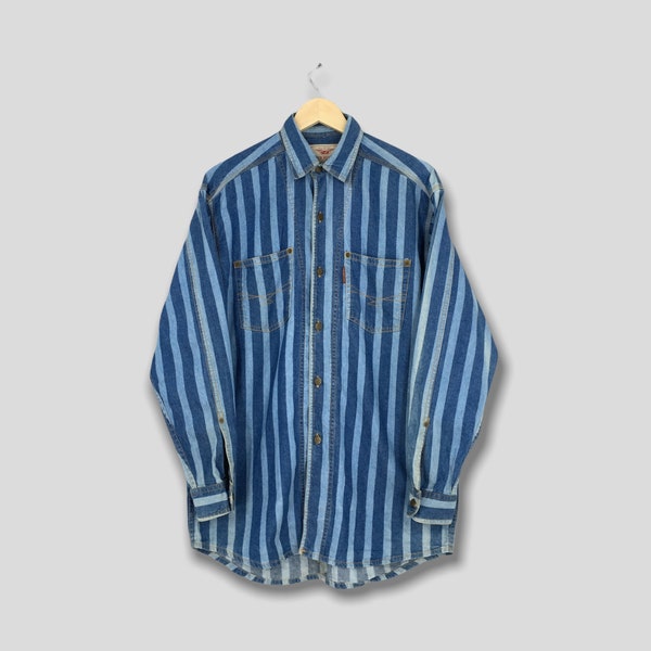 Vintage Bugle Boy bleu denim rayures Oxfords chemise moyenne des années 90 Bugle Boy Usa Casual rayé flanelle Bugle Boy chemise boutonnée taille M