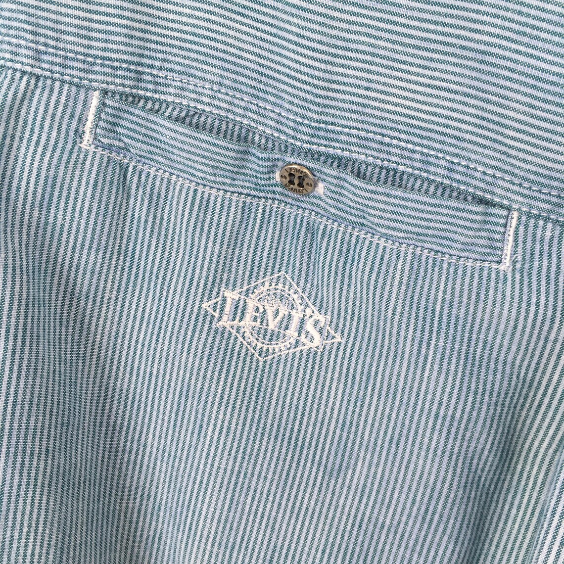 Vintage 90s Levis Jeans Striped Flannel Green Shirt Medium Levis Stripes Rustic Long Sleeve Flannel Levis Button Down Cotton Oxfords Size M, photo 4 of 5