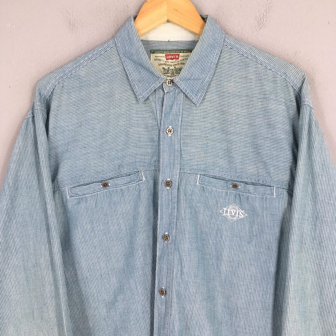 Vintage 90s Levis Jeans Striped Flannel Green Shirt Medium Levis Stripes Rustic Long Sleeve Flannel Levis Button Down Cotton Oxfords Size M, photo 2 of 5