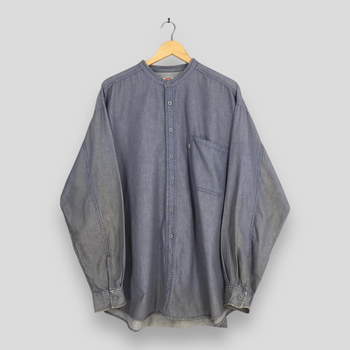 Vintage Levis Strauss Band Collar Shirt Shirt 2XLarge Levis San Francisco California Denim Blue Flannel Levis Jeans Buttondown Oxfords XXL, foto 1 di 5