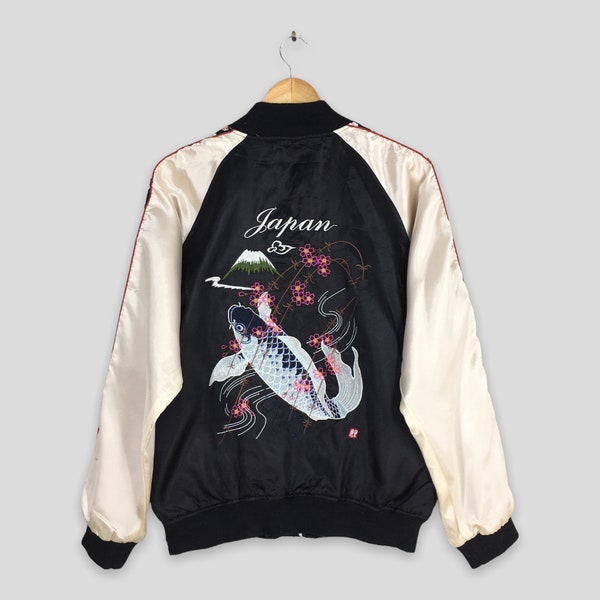 Vintage 80er Jahre Sukajan Fisch Koi Japan Souvenir Jacke Große japanische Sakura Blüte Fuji Stickerei Sukajan Blouson Bomberjacke Größe L
