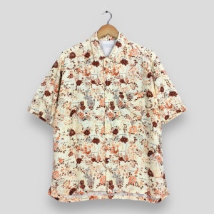 Vintage HR Market Japan Hawaiian Flower Rayon Shirt Large 1950's Style Loop Collar Hawaii Floral Roses Printed Aloha Beach Button Up Size L