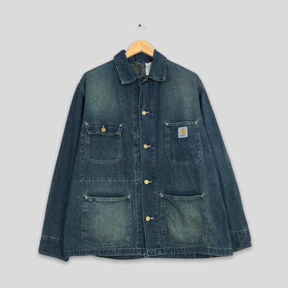Vintage Carhartt Denim Jeans Workwear Jacket Large 1990 s Carhartt Workers Carhartt Four Pocket Carhartt Blue Button Coat Size L Etsy Canada