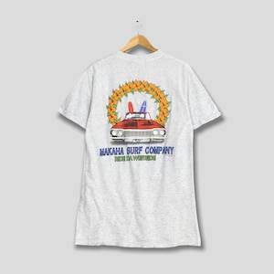 Vintage Makana Surf Company Tshirt Mens Medium 1990&#39;s Hawaiian Floral Classic Car Surfboard Aloha Surfer Gray Tees Size M