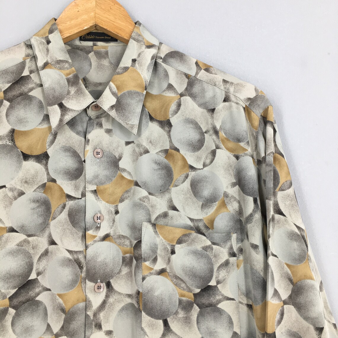 Vintage Cosso Japan Retro Abstract Artwork Psychedelic Geometrical Abstract Pattern Polyester Shirt Large Men's Party Disco Oxfords Size L, foto 2 di 5