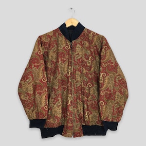 Vintage 90&#39;s Paisley Floral Bomber Jacket Medium Mens Luxury Burgundy Paisley Abstract Flower Casual Wear Jacket Size M