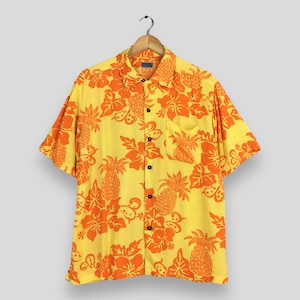 Vintage Aloha Surfing Hawaiian Hibiscus Flower Shirt Large 1980s Tiki Island Beach Honolulu Guam Beach Party Surfing Orange Button Up Size L