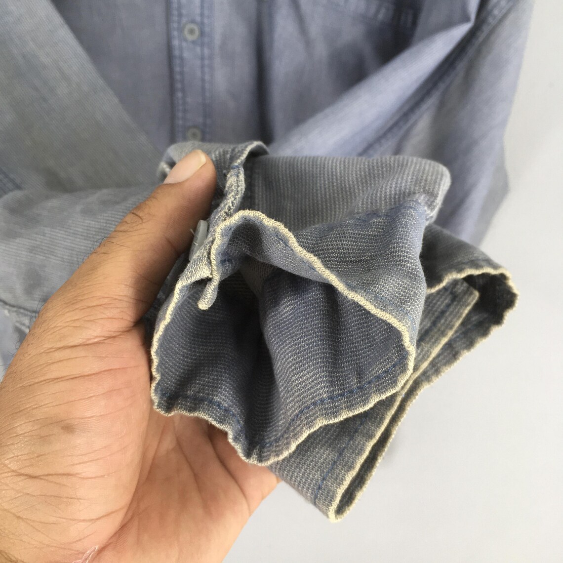 Vintage Levis Strauss Band Collar Shirt Shirt 2XLarge Levis San Francisco California Denim Blue Flannel Levis Jeans Buttondown Oxfords XXL, foto 4 di 5