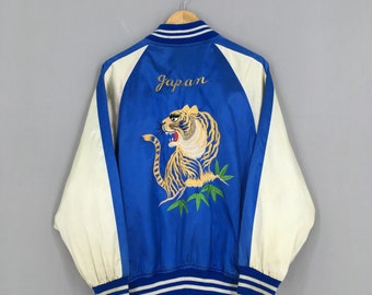 Vintage Sukajan Japanese Tiger Jacket Large Vintage Sukajan Tokyo Japanese Embroidery Dragon Sukajan Satin Bomber Blue Jacket Size L