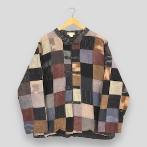 Vintage 90s Ethnic Labels Patchwork Chinese Button  Jacket Medium Checkered Tartan Rebuild Patchwork Multicolor Cotton Coat Kapital Boro M