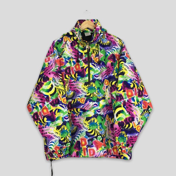 Vintage 90s Adidas Pop Art Trefoil Windbreaker Hoodie Jacket XLarge Adidas Multicolour Crazy Pattern  Retro Sportswear Adidas Anorak Coat XL