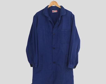 Vintage jaren 80 Schumer Secan katoen Frenchwork Sanfor jas groot werkkleding shirt Sanforized indigo blauwe knop arbeid denim Frans werk maat L