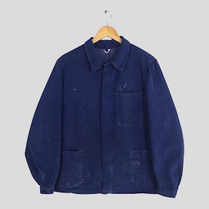 Vintage 1970&#39;s Workwear French Work Moleskin Jacket Medium Distressed Painter Frenchwork Sanforized HBT Workers Blue Indigo Denim Coat M