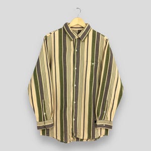 Vintage 90&#39;s G Bless Denim Brown Striped Shirt Men Large Stripes Vertical Flannel Oxfords Buttondown Casual Wear Retro Cotton Shirt Size L