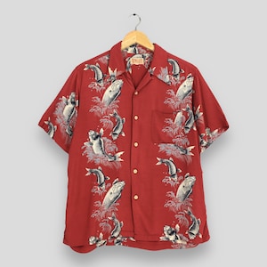 Vintage 70s Hawaiian Patina Japanese Koi Fish Rayon Shirt Large Hawaii Tropical Kahanamoku Japan Culture Koi Fish Printed Button Up Size L