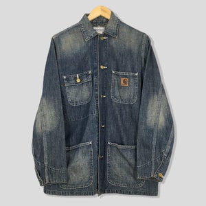 Vintage Carhartt Four Pocket Workwear Jacket Medium 1990&#39;s Carhartt Denim Stone Washed Coat Carhartt Michigan Chore Faded Jacket Size M