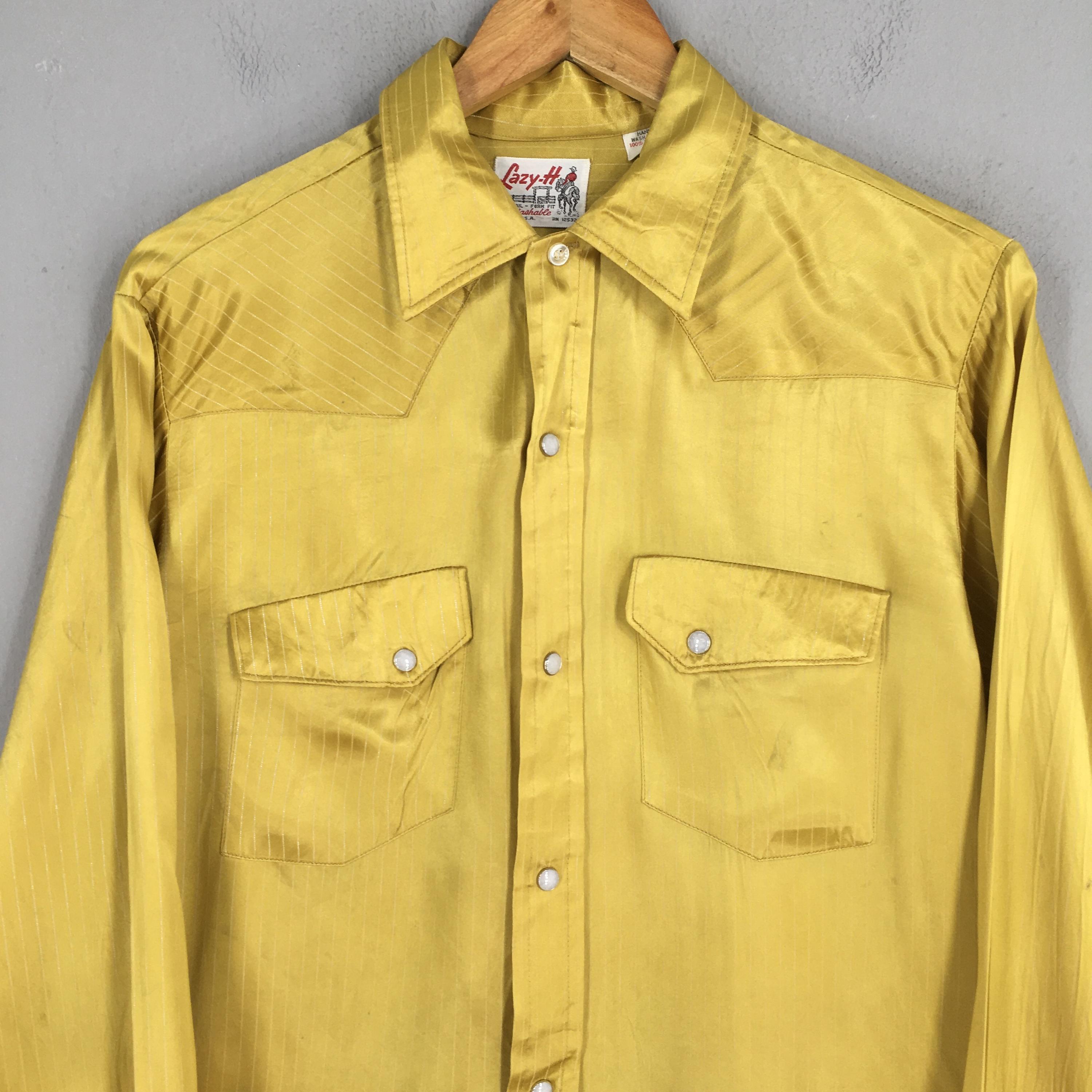Vintage 1980s Lazy-h Stripes Yellow Acetate Shirt Medium 70s