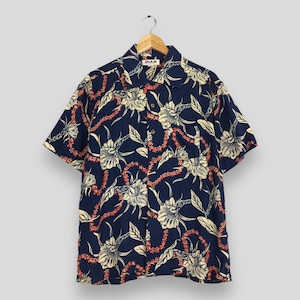 Vintage Hawaii Aloha Floral Rayon Shirt Large Tiki Hawaiian Tropical Floral Beach Surf Rayon Button Up Hula Girl 80s Honolulu Shirt Size L