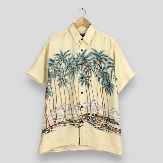 Vintage Hawaiian Palm Tree Tropical Silk Shirt Medium… Gem