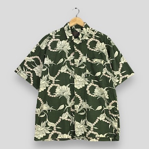 Vintage 90s Aloha Wear Floral Shirt Large Overprinted Funky Green Tropical Floral Leaves Beach Hawaii Summer Wear Button Up Shirt Size L