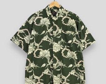 Vintage 90s Aloha Wear Floral Shirt Large Overprinted Funky Green Tropical Floral Leaves Beach Hawaii Summer Wear Button Up Shirt Size L