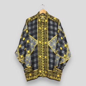 Vintage 90&#39;s Versace Classic V2 Baroque Silk Oxfords Shirt Large Versace Jeans Couture Classic Medusa Royalty Baroque Luxury Versace Shirt L