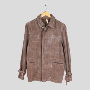 Vintage 90&#39;s Worker Denim Herringbone Field Jacket Small Jeans Casual Style Workwear Denim Multipocket Stylish Brown Linen Jacket Size S