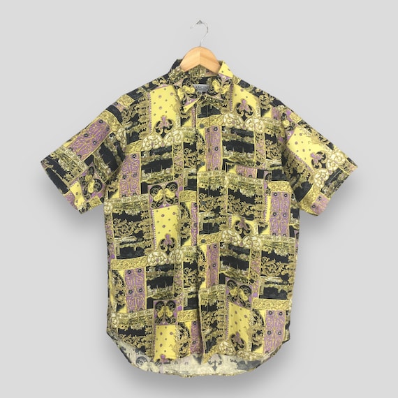 Vintage Mancini Novelty Baroque Pattern Silk Shirt Medium 90's Abstract Retro Art Multicolor Overprinted Italian Button Down Oxfords Size M