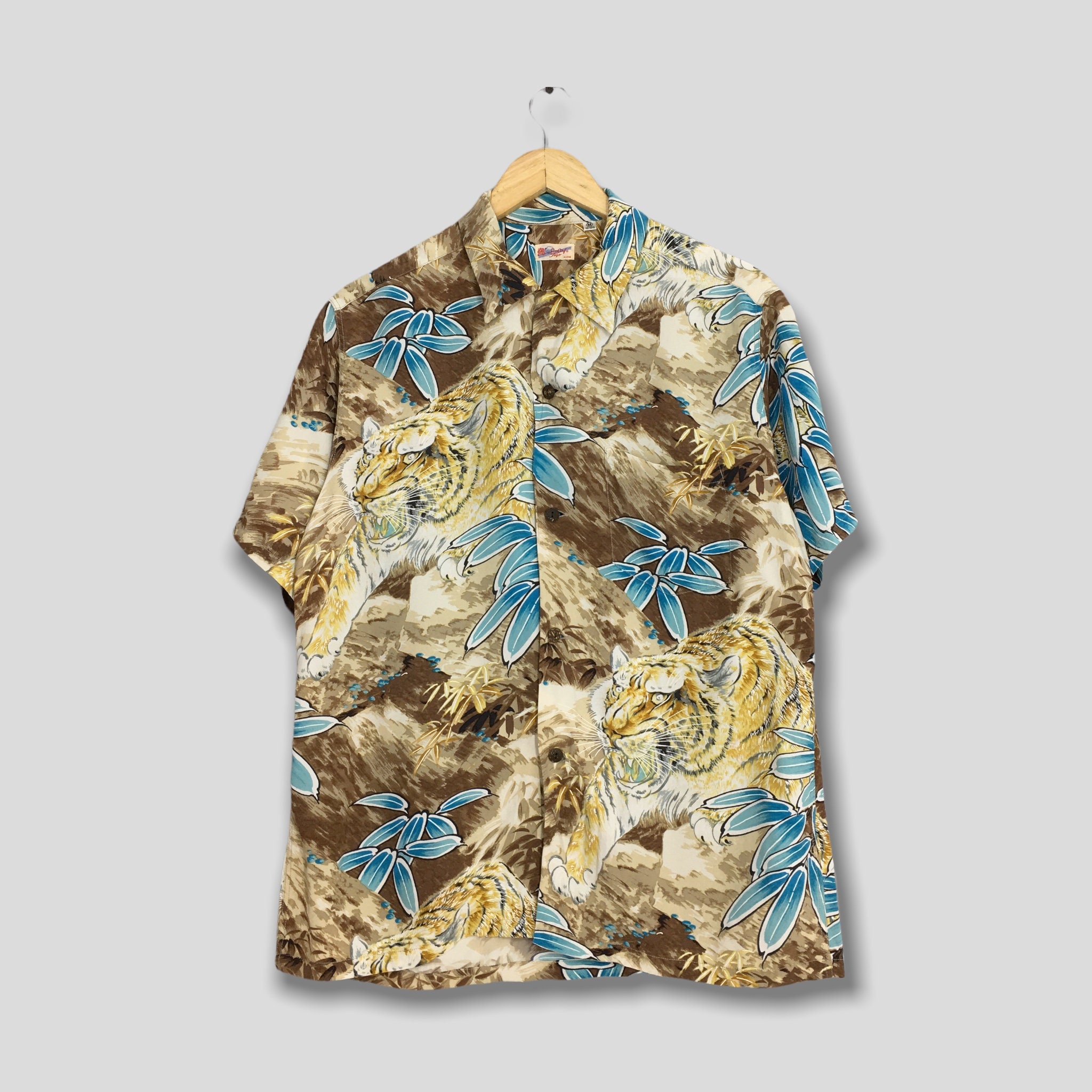 Vintage 90s Sun Surf Jungle Tiger Roar Aloha Hawaii Rayon Shirt 