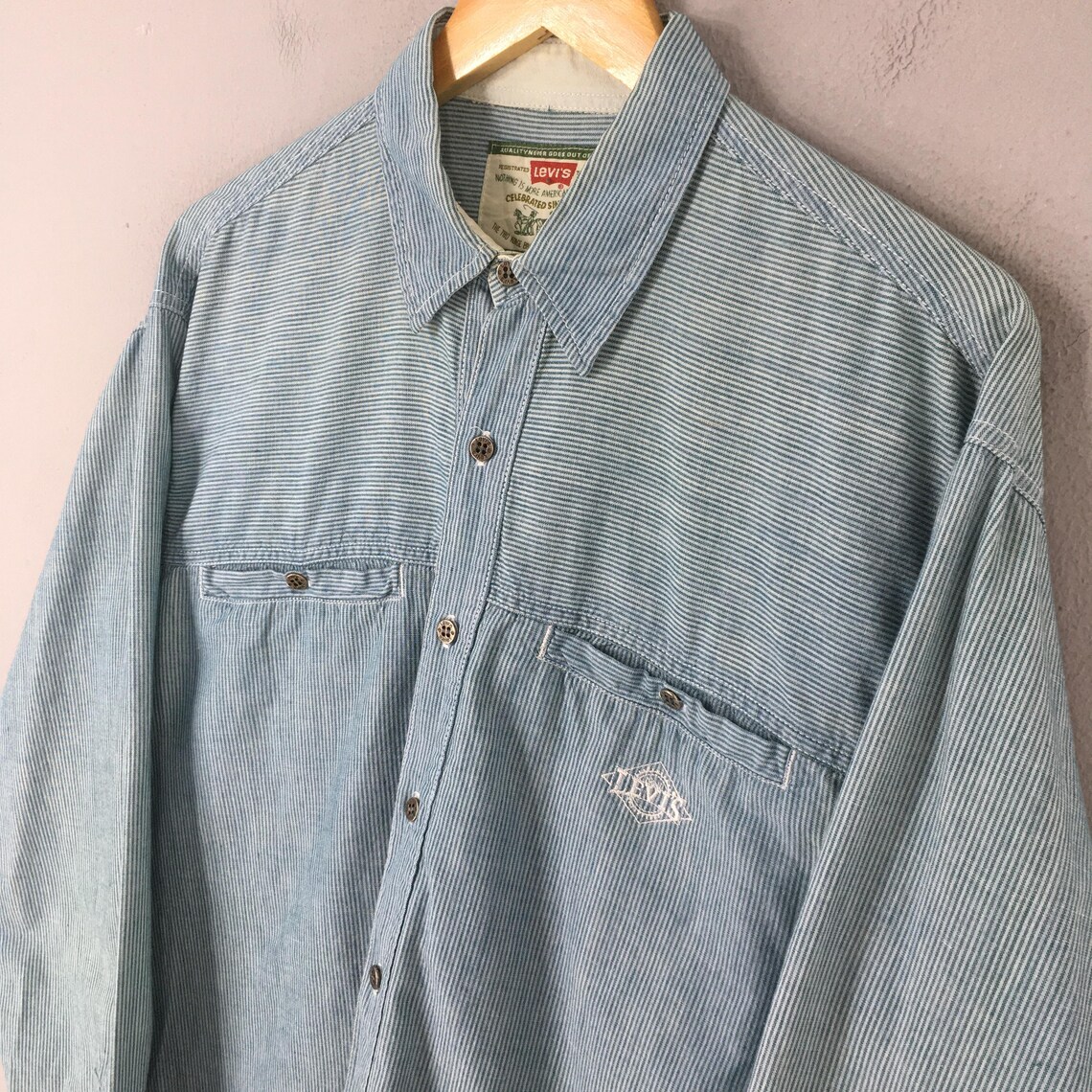 Vintage 90s Levis Jeans Striped Flannel Green Shirt Medium Levis Stripes Rustic Long Sleeve Flannel Levis Button Down Cotton Oxfords Size M, photo 3 of 5