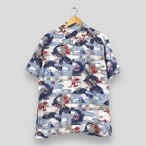 Vintage Hawaiian Japanese Gold Fish Rayon Shirt XLarge Hawaii Beach Tropical Sun Surf Toyo Aloha Printed Shirt Button Up Size XL fit to M