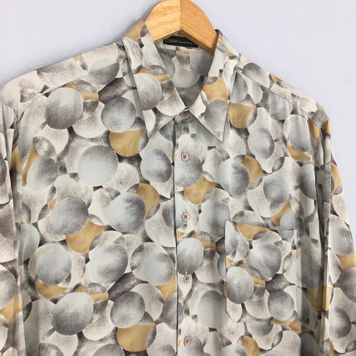 Vintage Cosso Japan Retro Abstract Artwork Psychedelic Geometrical Abstract Pattern Polyester Shirt Large Men's Party Disco Oxfords Size L, foto 3 di 5