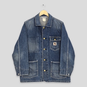 Vintage 90&#39;s Carhartt Denim Chore Workwear Jacket Large Carhartt Workers Carhartt Four Pocket Carhartt Blue Button Down Coat Size L