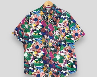 Vintage Esprit Hawaiian Abstract Graphic Cotton Shirt Large Floral Pop Art Oxford Funky Retro Hawaii Button Up Printed Shirt Size L