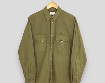 Camisa plisada verde oliva vintage de Acne Studios, talla mediana. Camisa utilitaria informal verde militar de Acne Studios Japón para hombre, talla 48.