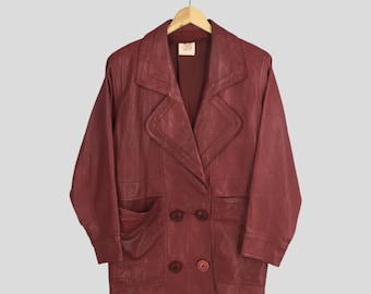 Vintage Loewe Madrid Made In Spain Leather Double Breasted Coat Medium Luxury Style Loewe Red Leather Jacket Button Blazer Size M