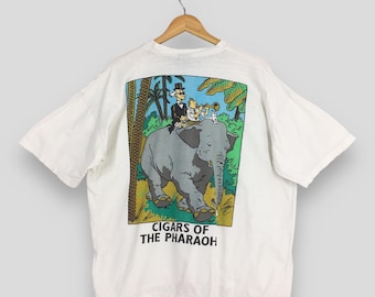 Vintage 90's The Adventures of Tintin Cigars Of The Pharaoh Cartoon White T shirt XLarge Tintin Ride Elephants Graphics Comics Strip Tee XL
