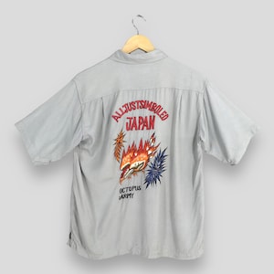 Vintage Octopus Army Bowling Rayon Shirt Medium Embroidered All Just Simboled Loop Collar Button 60s Style Chain Stitch Rockabilly Shirt M