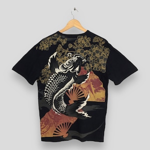 Vintage Fish Koi Japanese Sukajan Black T shirt XLarge 90&#39;s Japanese Fish Koi Cherry Blossom Japanese Tattoo Style Souvenir Tee Size XL
