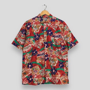 Vintage 90s Kearney House Hawaiian Hibiscus Flower Tropical Rayon Shirt Medium Aloha Beach Tiki Honolulu Guam Beach Surfing Button Up Size M