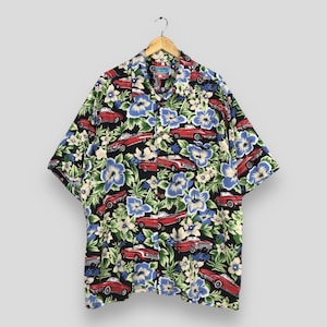 Vintage Reyn Spooner Joe Kealoha Floral Old Car Graphic Aloha Tropical Shirt XXLarge Hibiscus Beach Hawaii Sunwear Honolulu Button Up XXL