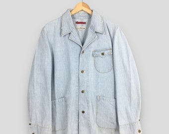 Veste en jean bleu délavé léger pour travailleurs vintage des années 90, grande veste de travail à la française, veste de travail délavée, veste de manteau délavé, taille L